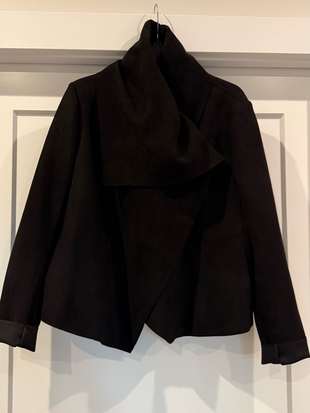 Anne Klein Black Draped Open-Front Jacket in velvety vegan suede.